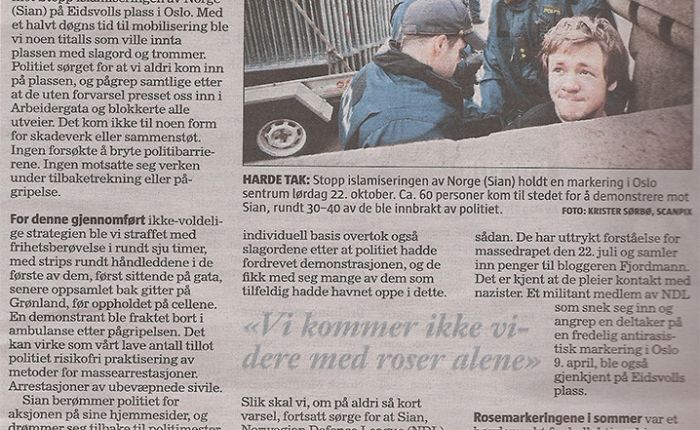 Et titalls motdemonstranter fra blant annet Blitz ble innbrakt av politiet i forbindelse med SIANs stand på Eidsvolls plass 22. oktober. (Faksimile: Klassekampen 10.11.2011)