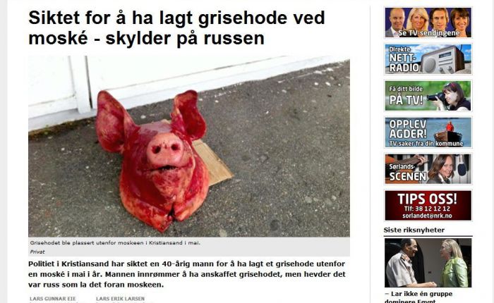 Et avkappet grisehode - neppe en velegnet måte å uttrykke et politisk budskap på - men hendelsen må ses på bakgrunn av at islamsk ideologi sto bak det som pprørte mange - en tegning av en gris ble fjernet fra bareneavdelingen, Sørlandet sykehus.